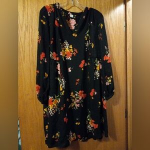 Old Navy Dress Womens Black Floral Long Sleeve V-Neck Lined 35 Long 21 Armpit